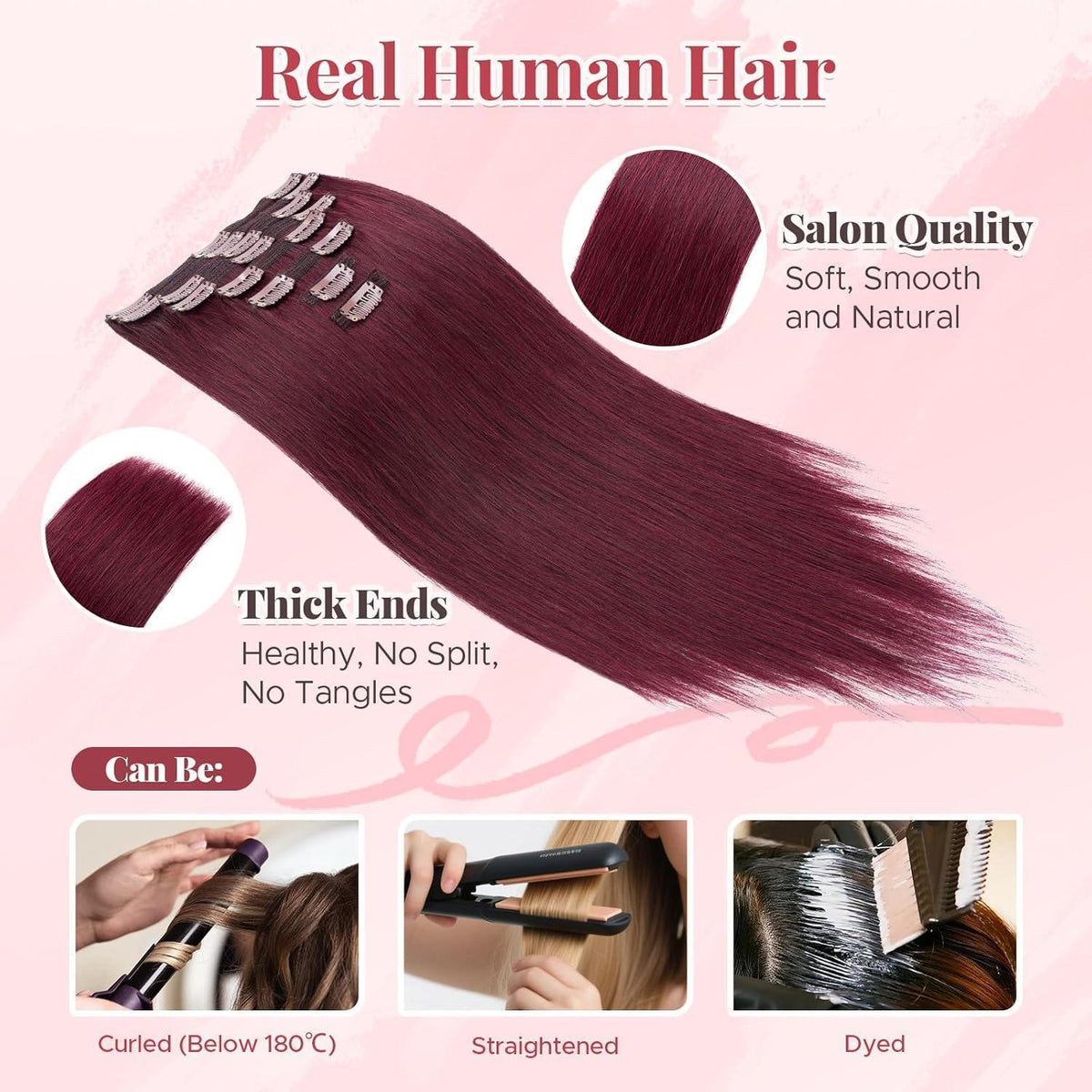 Clip In Echthaar Extensions Bordeauxrot 60cm - 170g