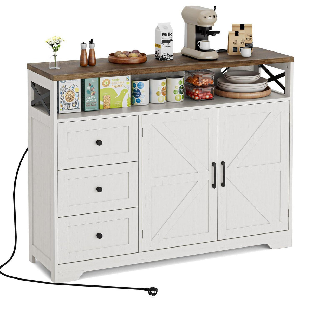 Cremeweißes Sideboard mit Schubladen & Regal – 120x35x95cm