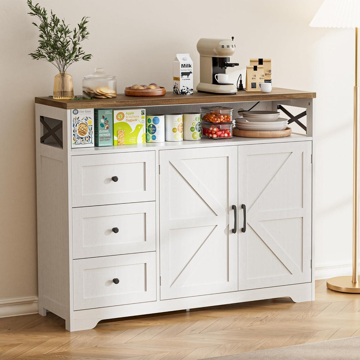 Cremeweißes Sideboard mit Schubladen & Regal – 120x35x95cm