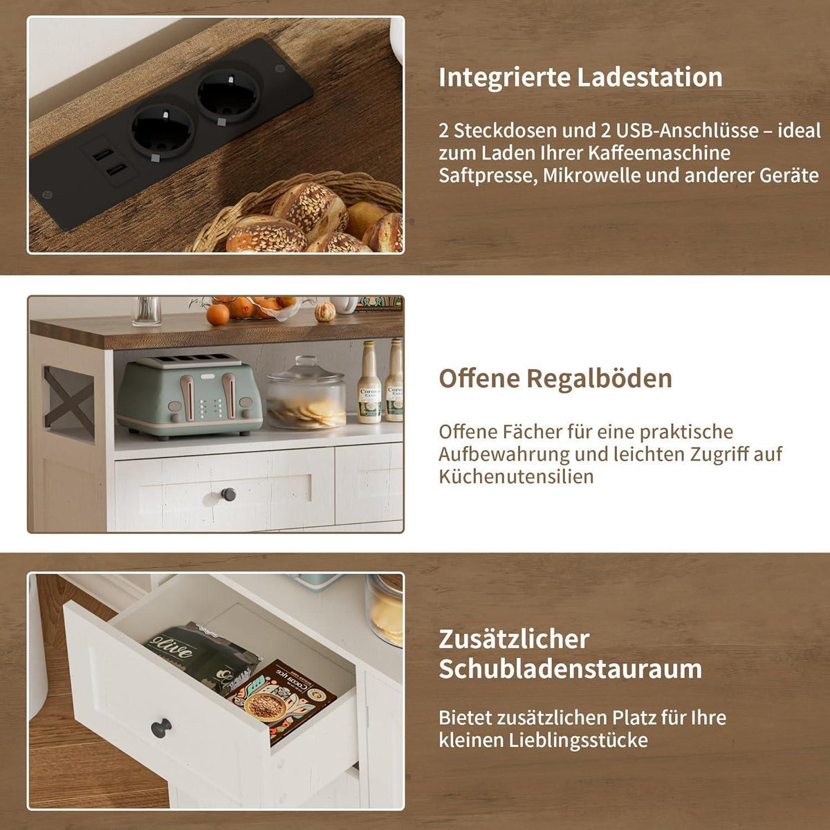 Cremeweißes Sideboard mit Schubladen & Regal – 130x35x95cm