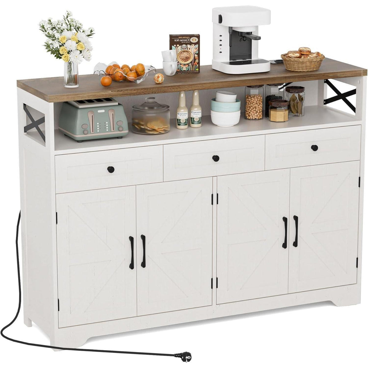 Cremeweißes Sideboard mit Schubladen & Regal – 130x35x95cm