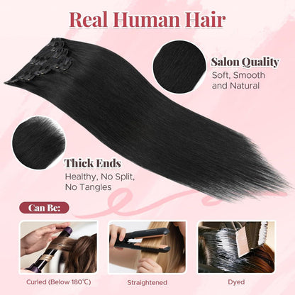 Clip In Haarverlängerung Echthaar Schwarz 35cm (120g)