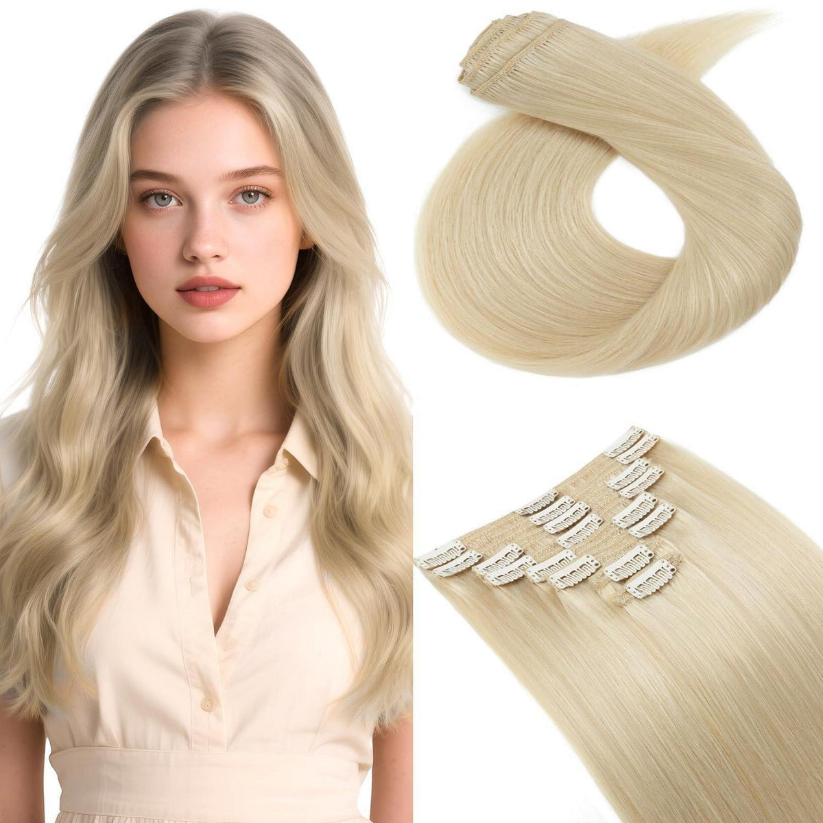 Clip In Haarverlängerung Echthaar Platinblond 35cm (120g)