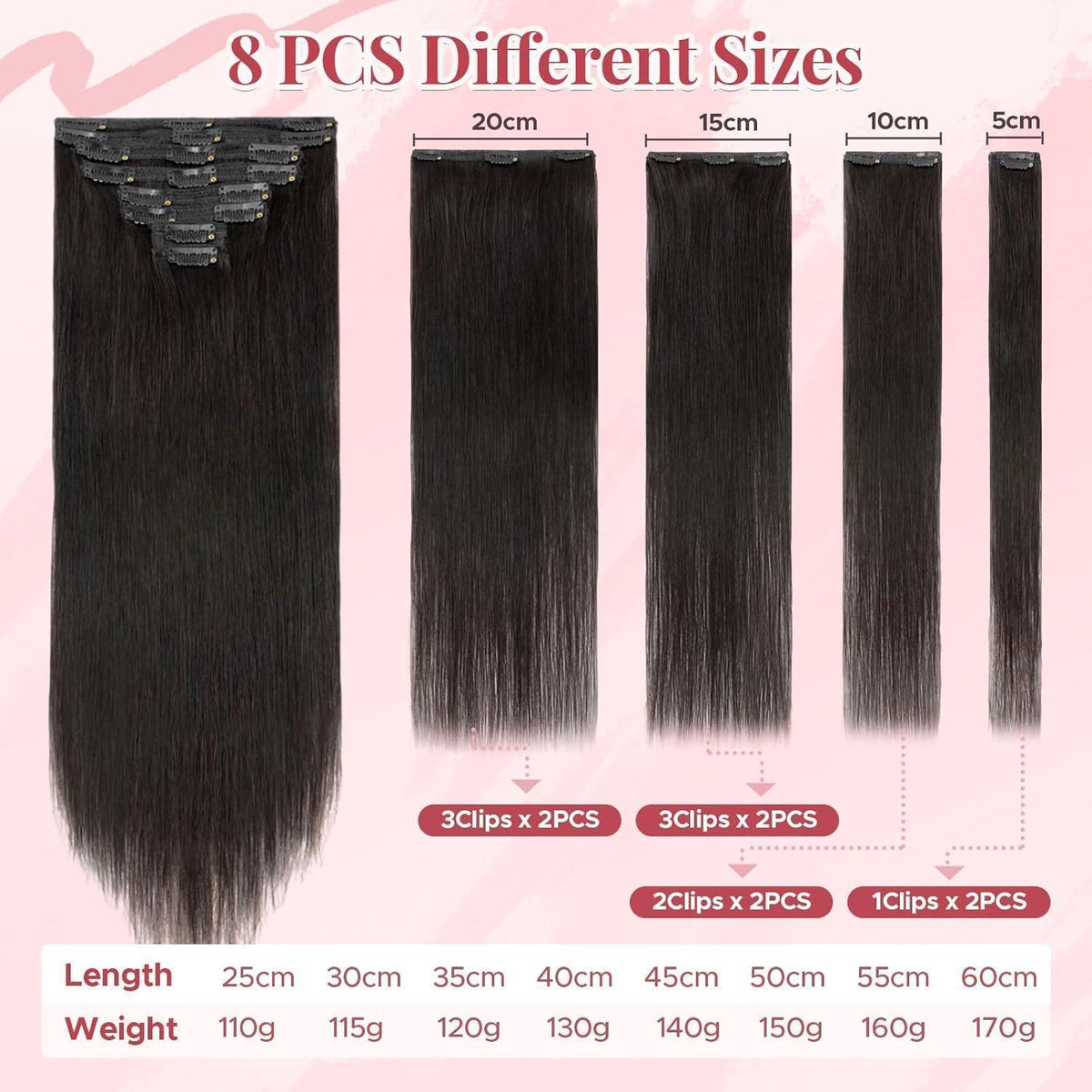 Clip In Haarverlängerung Echthaar 40cm, #1B Schwarz, 130g