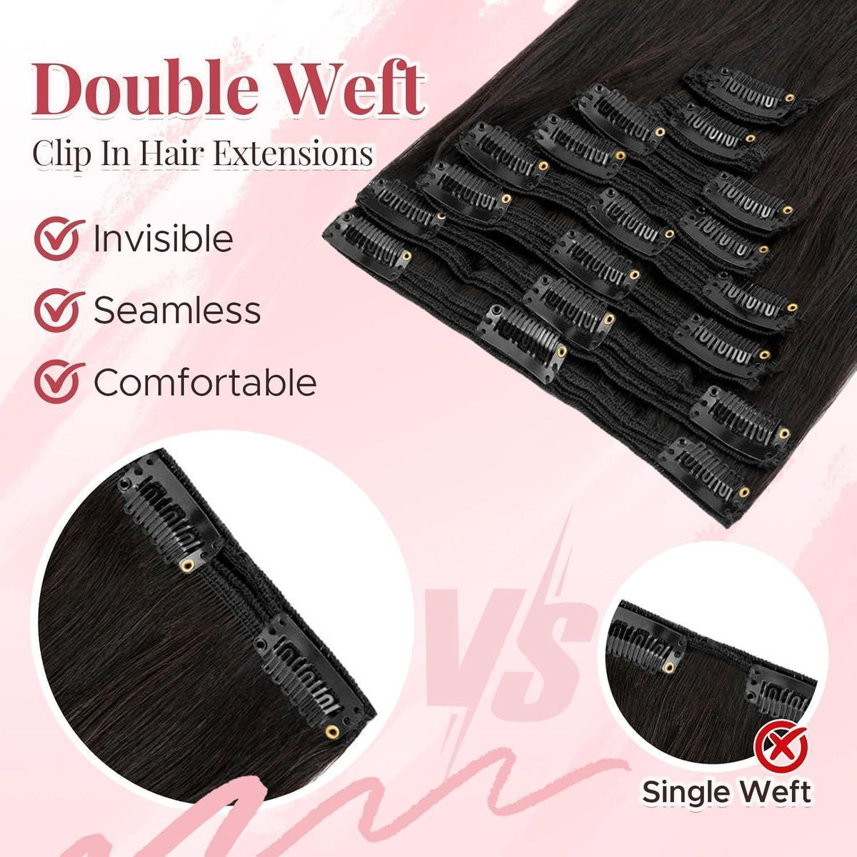 Clip-In Haarverlängerung Echthaar – 45cm, 140g, #1B Schwarz