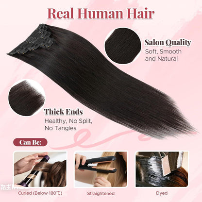 Clip-In Haarverlängerung Echthaar – 45cm, 140g, #1B Schwarz