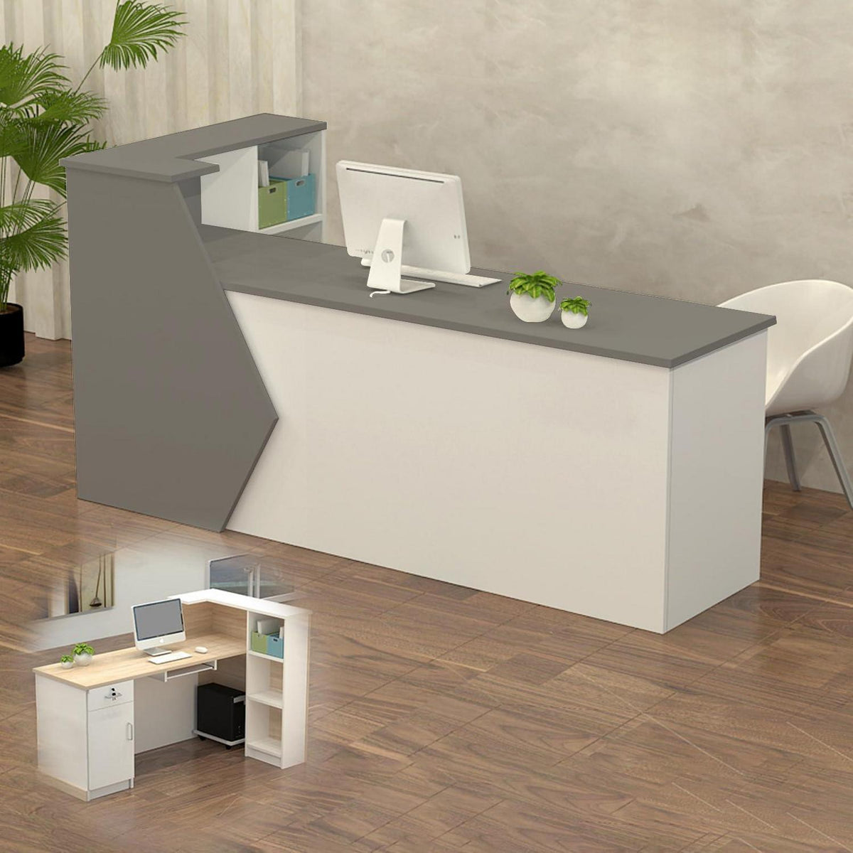 Rezeptionstheke Holz Grau Weiß – Langer Kassentisch 140x60x100cm