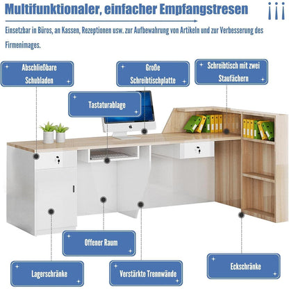 Rezeptionstheke Holz mit Stauraum – 260x60x100cm, Weiß & Schwarz