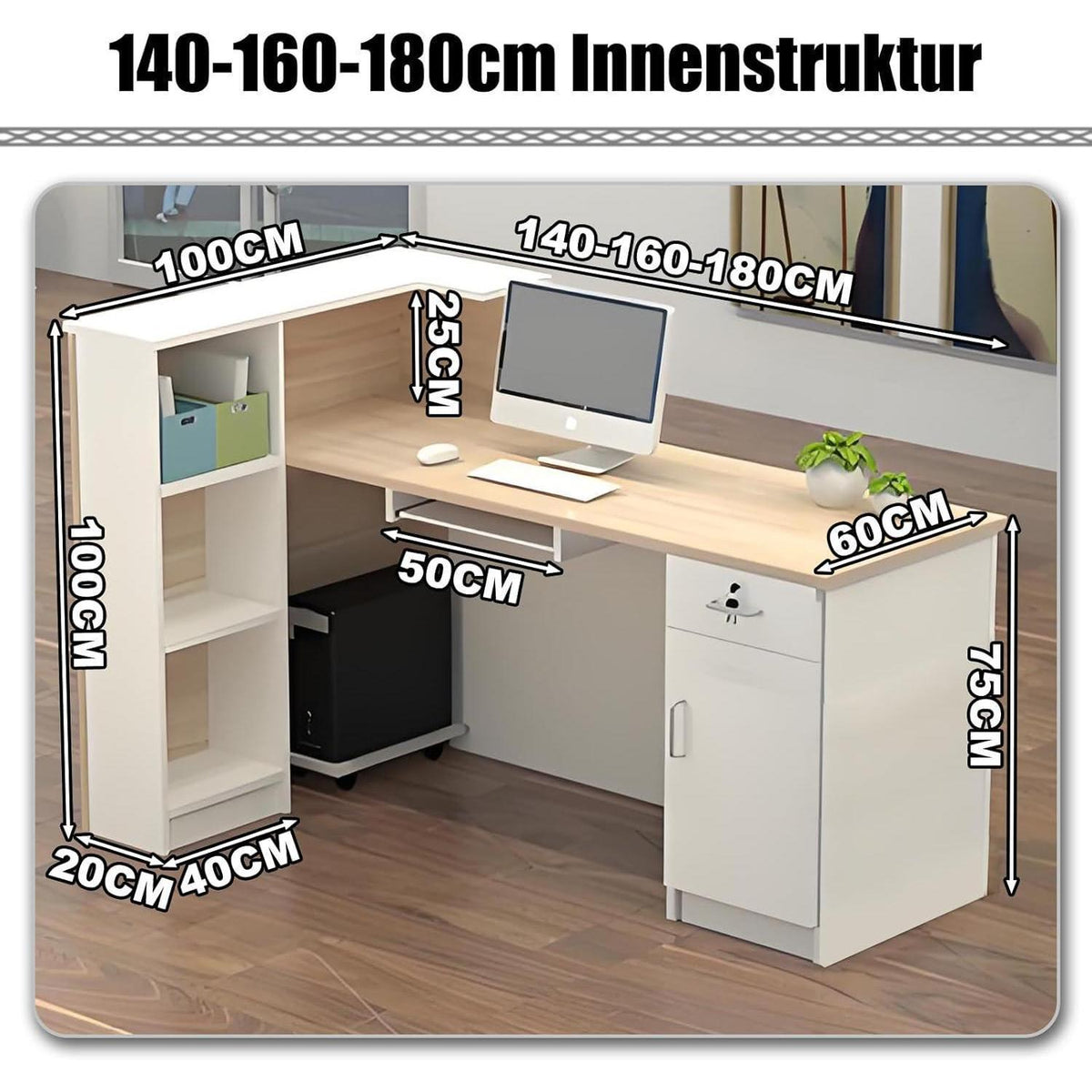 Rezeptionstheke Holz mit Stauraum – 180x60x100cm, Weiß & Schwarz