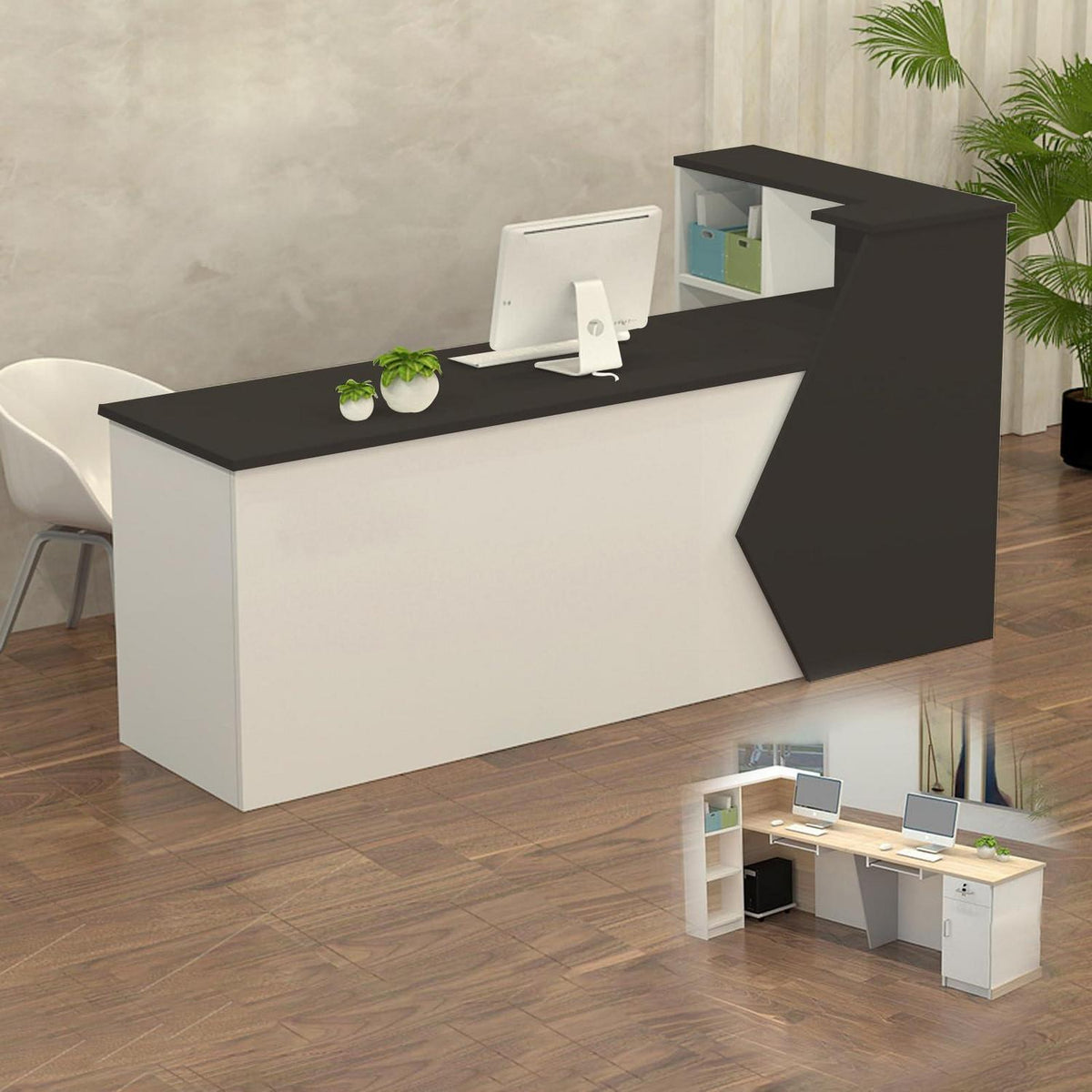 Rezeptionstheke Holz mit Stauraum – 240x60x100cm Schwarz Weiß