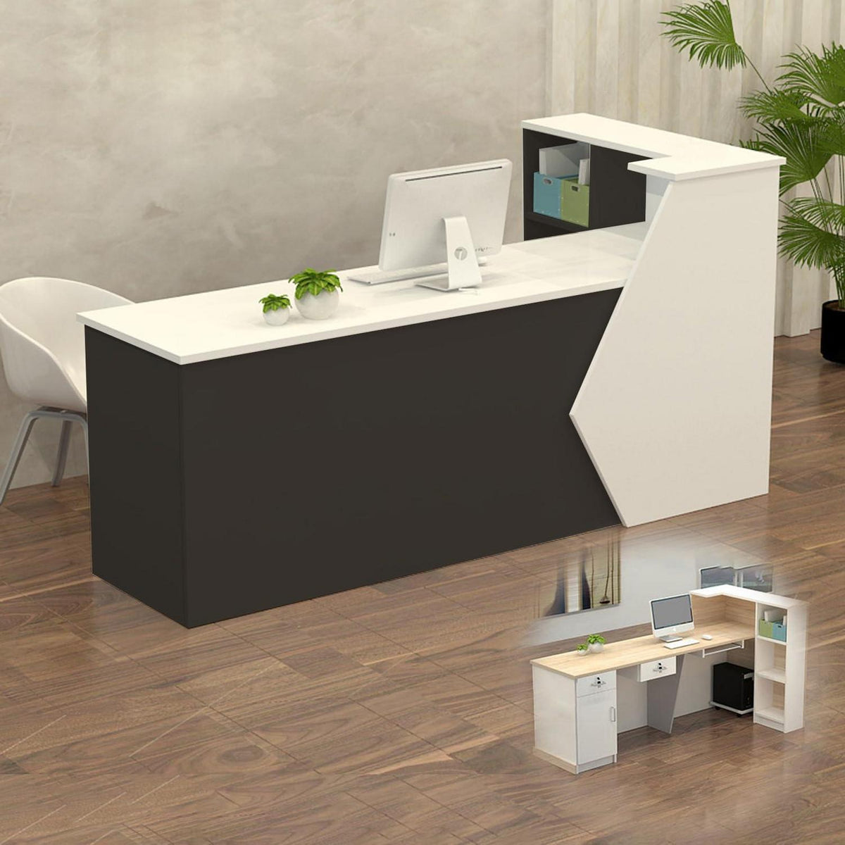 Rezeptionstheke Holz mit Stauraum – 200x60x100cm, Weiß & Schwarz