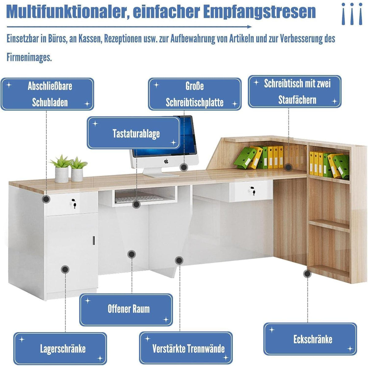 Rezeptionstheke Holz mit Stauraum – 280x60x100cm, Schwarz + Weiß