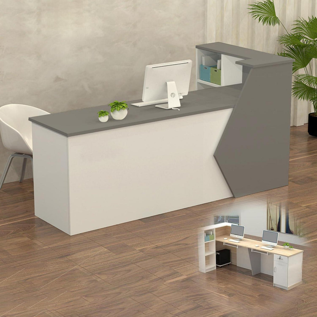 Rezeptionstheke Holz Grau Weiß – 240x60x100cm mit Stauraum