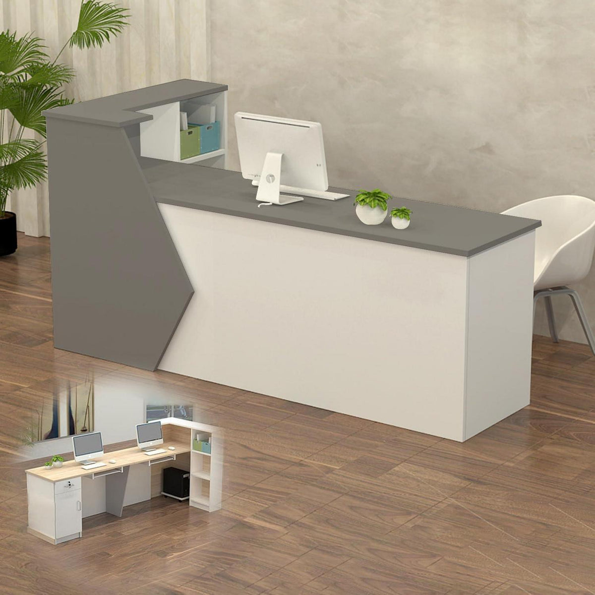 Rezeptionstheke Holz Grau Weiß – 240x60x100cm mit Stauraum