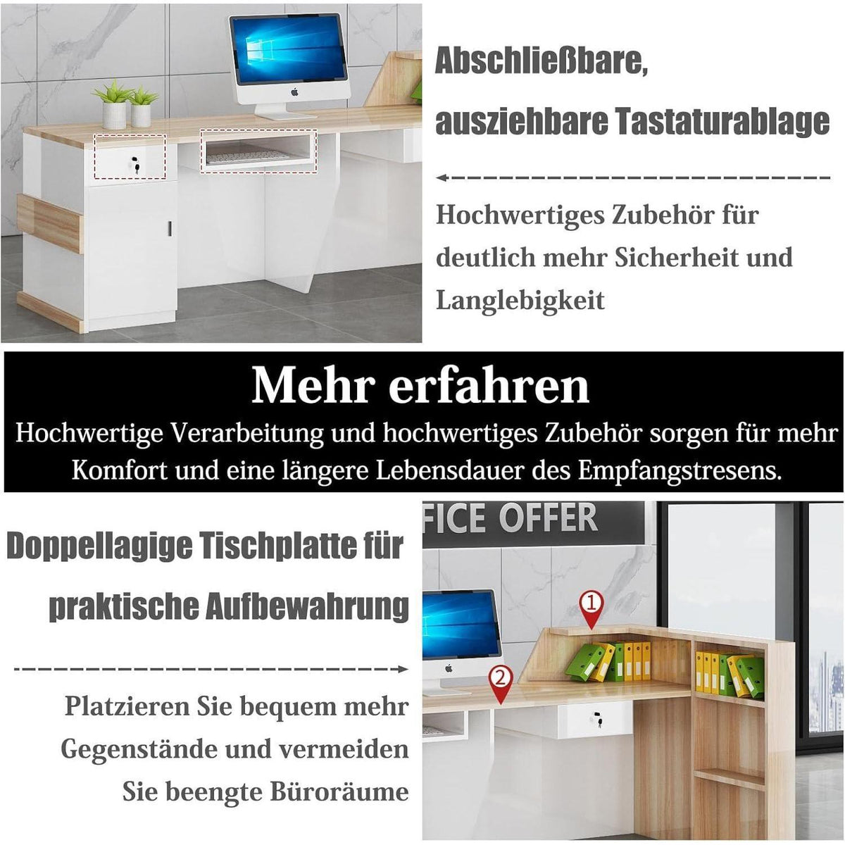 Rezeptionstheke Holz Grau Weiß – 240x60x100cm mit Stauraum
