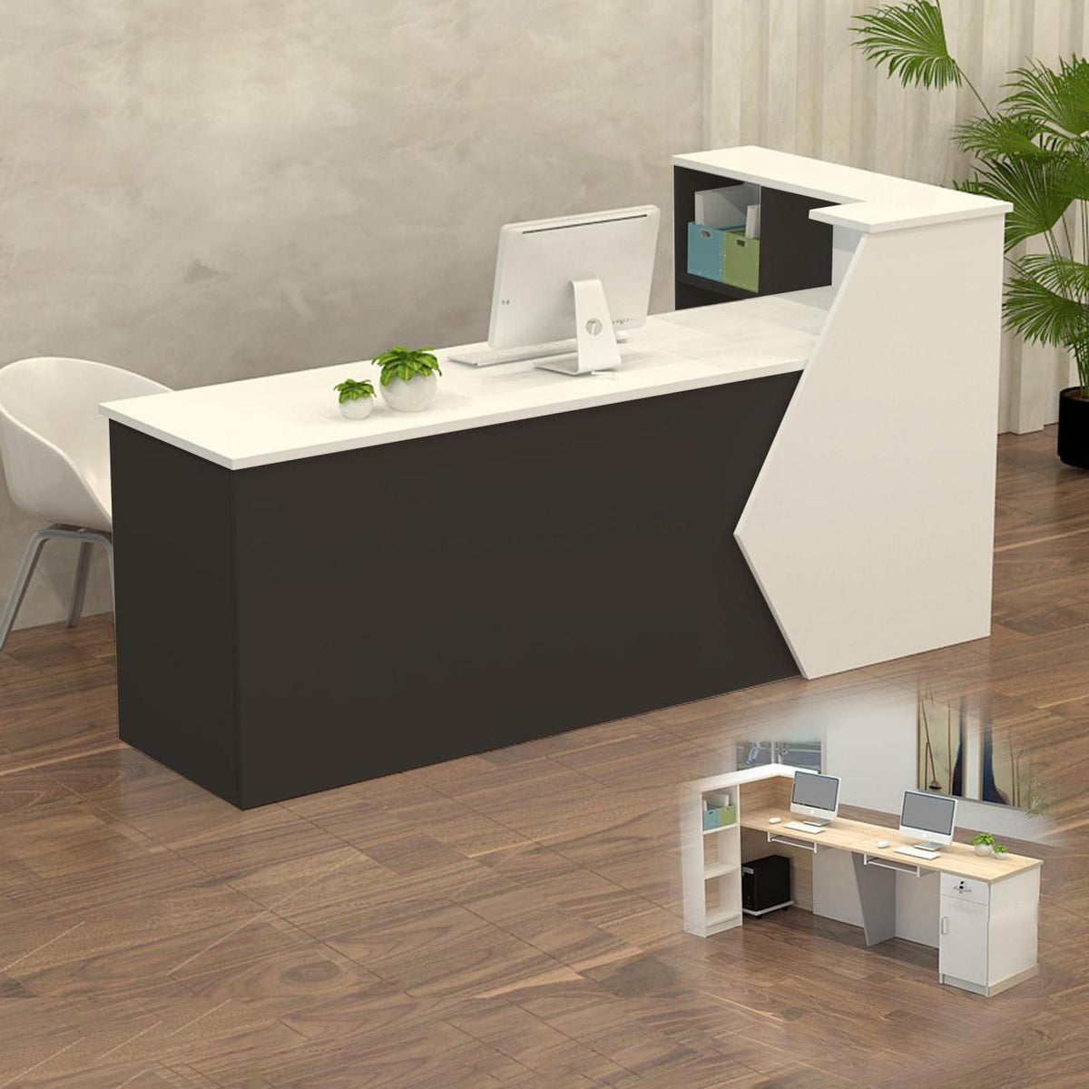 Rezeptionstheke Holz mit Stauraum – 260x60x100cm, Weiß & Schwarz