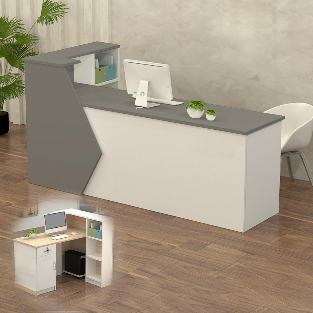 Rezeptionstheke Holz Grau Weiß – Langer Kassentisch 120x60x100cm