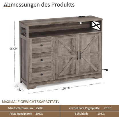 Graues Sideboard mit Schubladen & offener Ablage – 120x35x95cm
