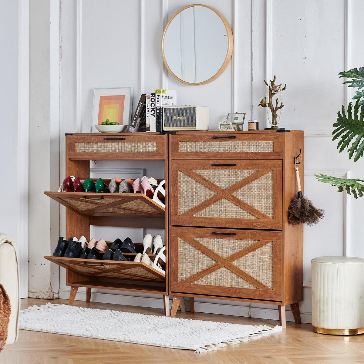 Schuhschrank Schmal Rattan – Boho-Landhausstil & Stauraum