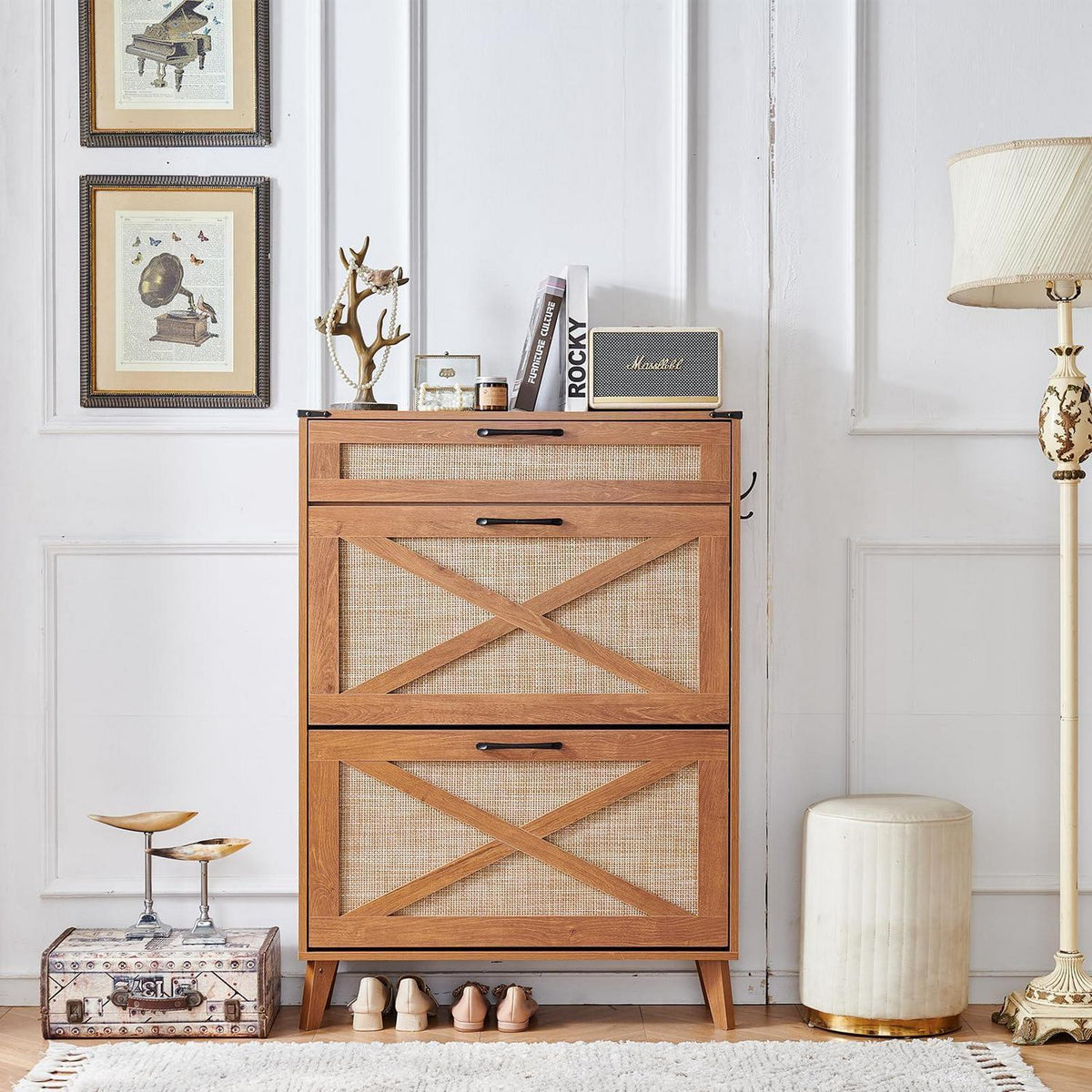 Schuhschrank Schmal Rattan – Boho-Landhausstil & Stauraum