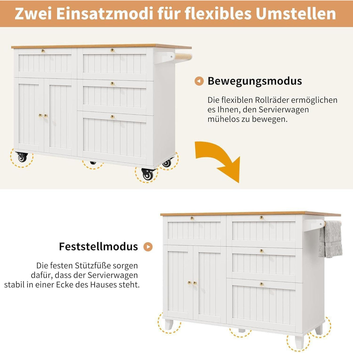 Küchenwagen mit Klappplatte & Schubladen – Weiß