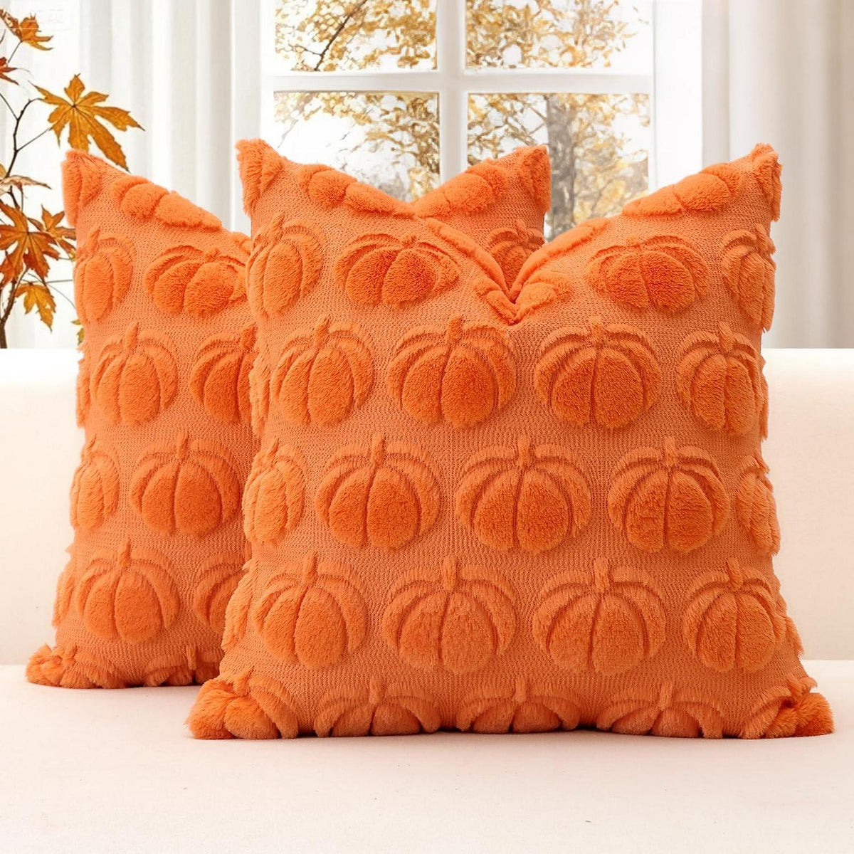 2 Kürbis Kissenbezüge 45x45cm – Herbst Boho Deko Orange