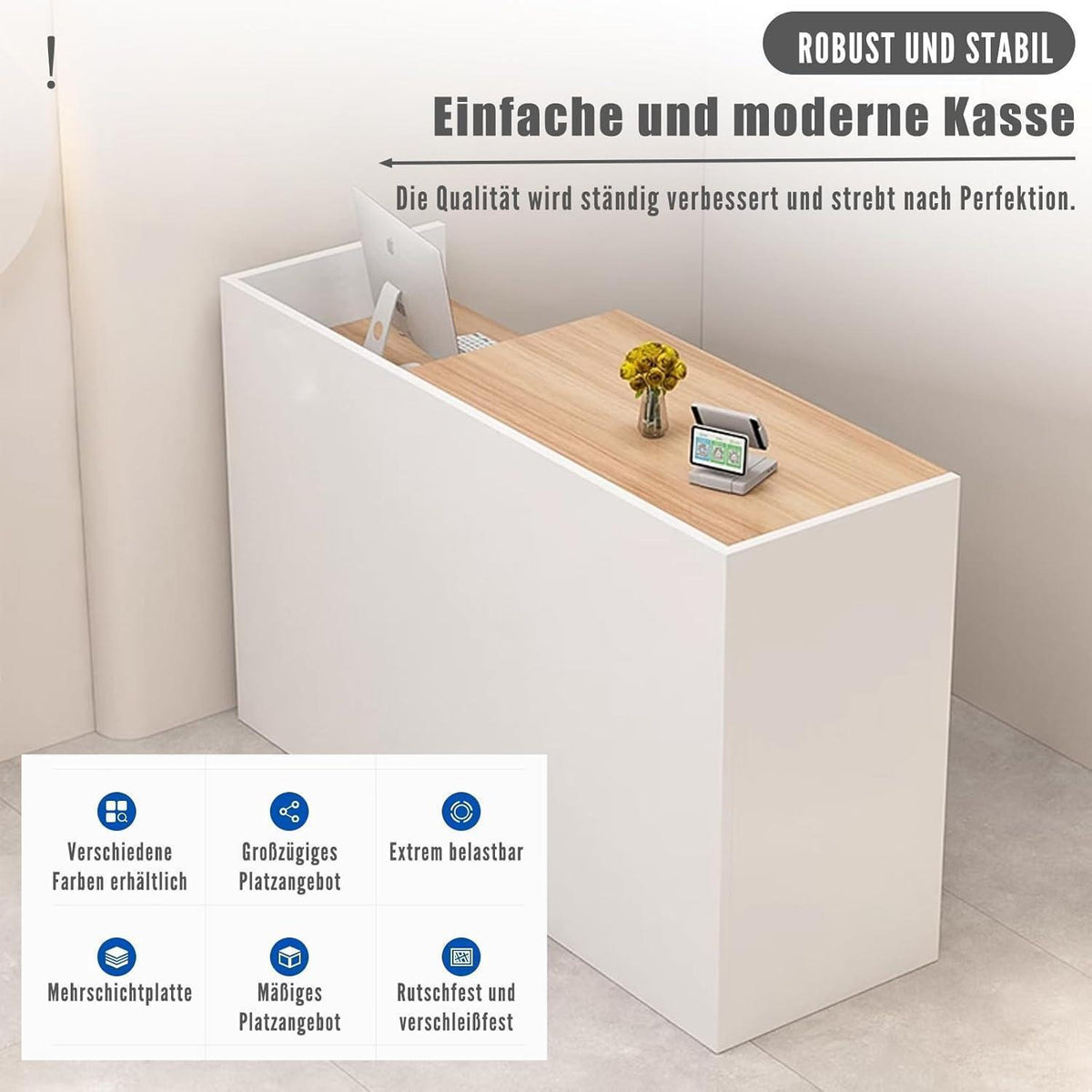 Rezeptionstheke Holz mit Stauraum – 180 cm Weiß & Originalholz