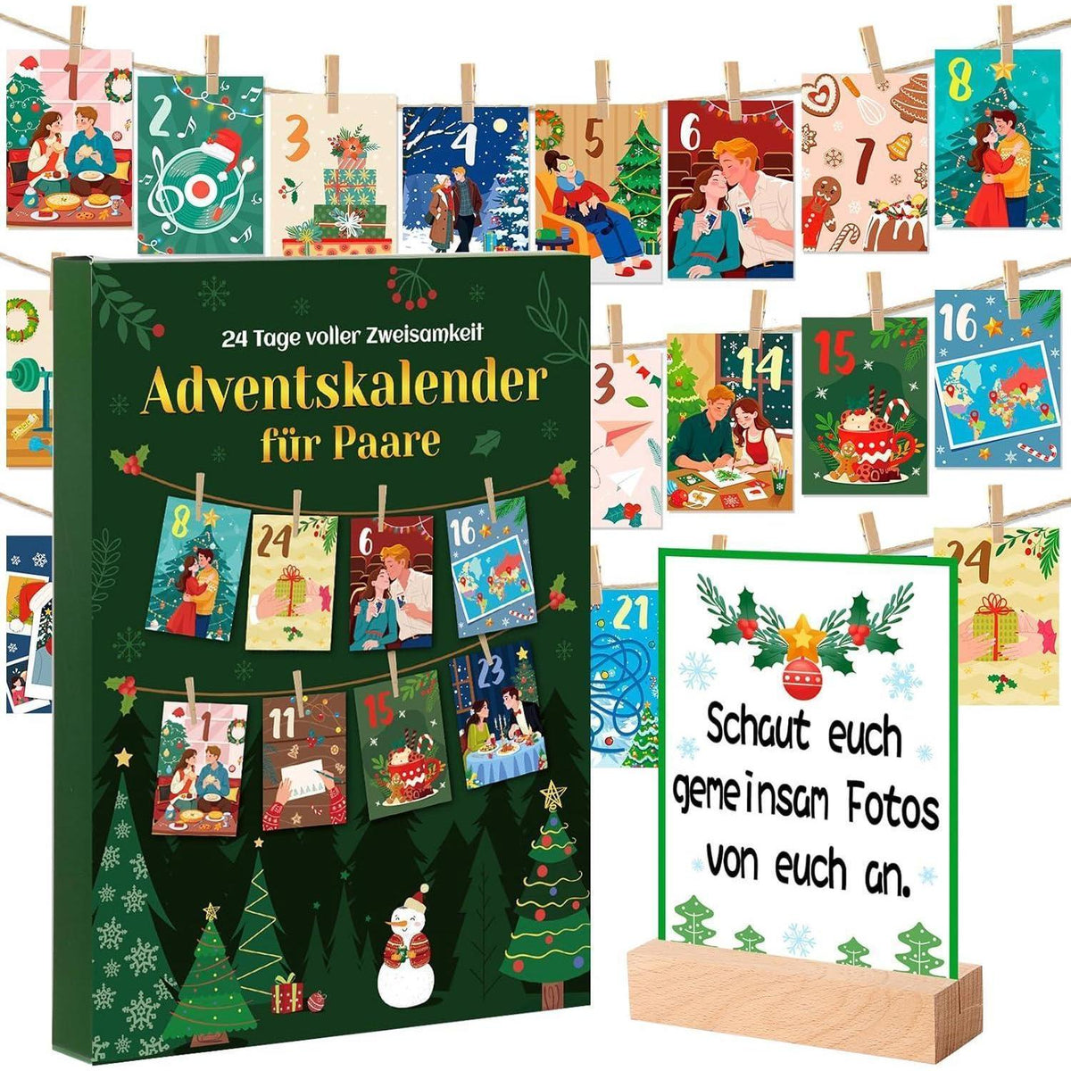 Adventskalender für Paare mit 24 Karten & Holzdeko