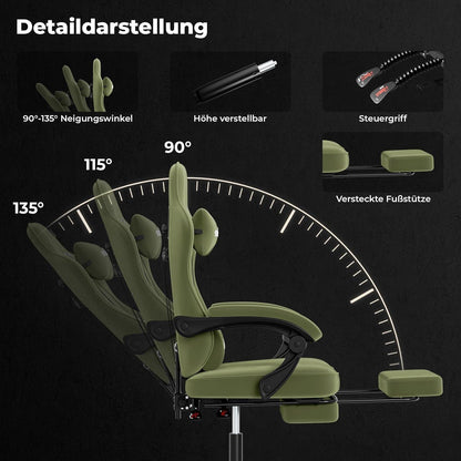 Ergonomischer Gaming Stuhl mit Fußstütze und Lendenkissen, Grün