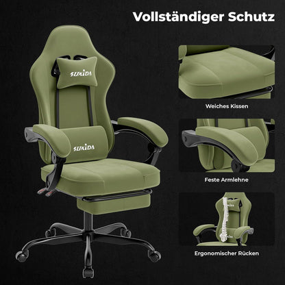 Ergonomischer Gaming Stuhl mit Fußstütze und Lendenkissen, Grün
