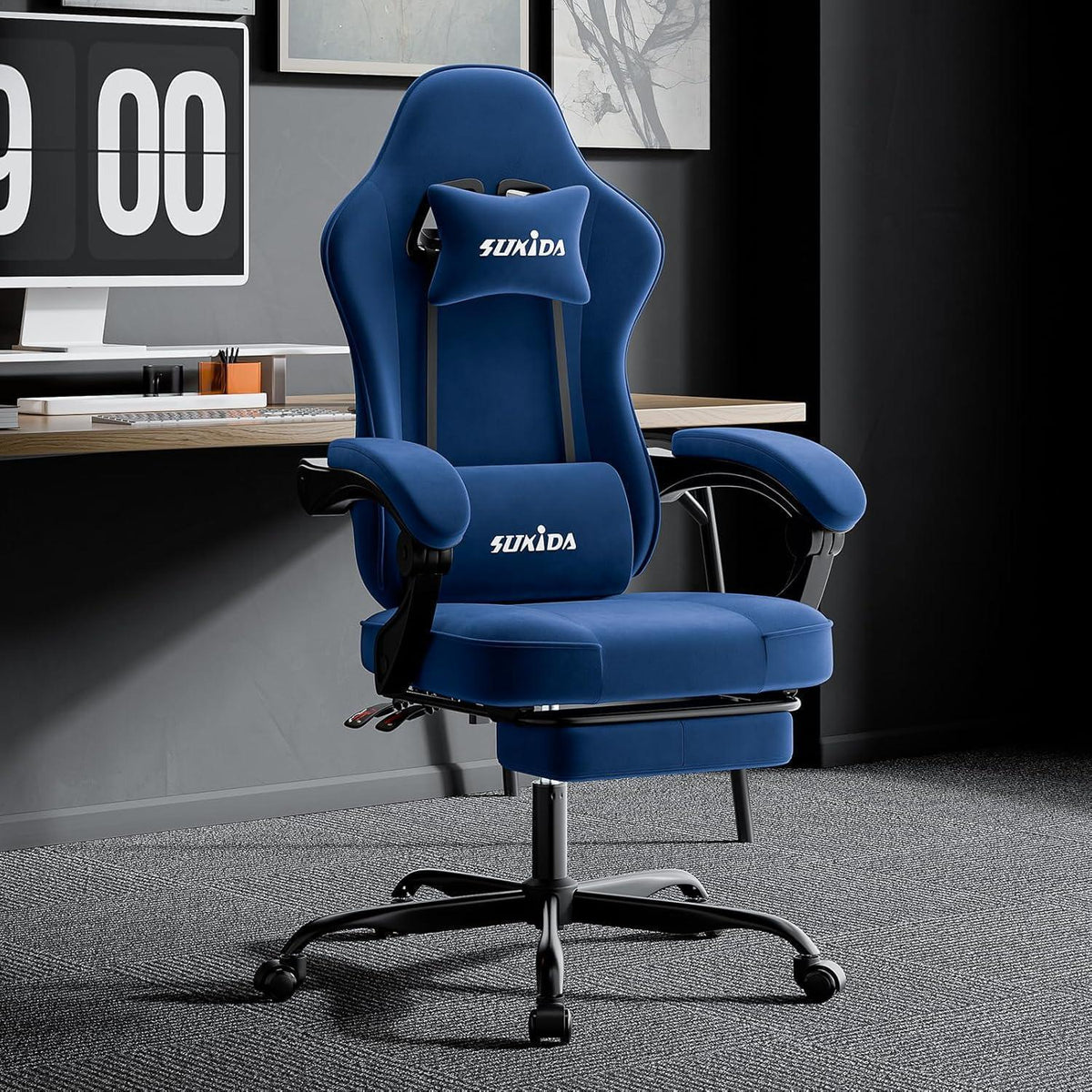 Ergonomischer Gaming Stuhl mit Fußstütze und Lendenkissen, Blau