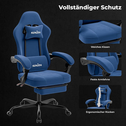 Ergonomischer Gaming Stuhl mit Fußstütze und Lendenkissen, Blau