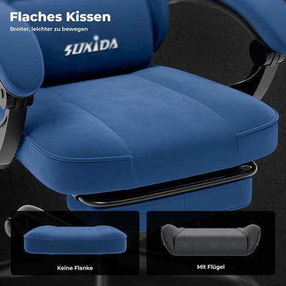 Ergonomischer Gaming Stuhl mit Fußstütze und Lendenkissen, Blau