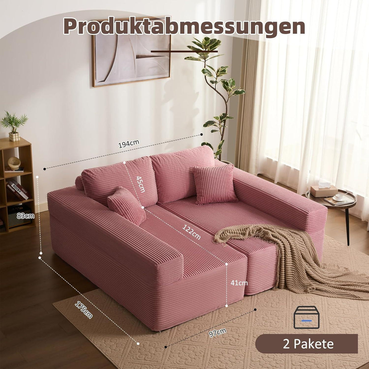 Modulares L-Ecksofa mit Schlaffunktion & Recamiere – Rosa