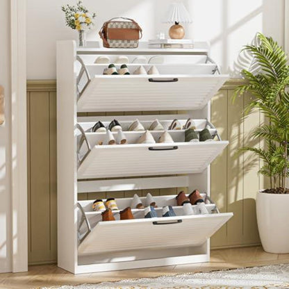 Schmaler Schuhschrank mit Lamellentür – Weiß, 80x24x120 cm