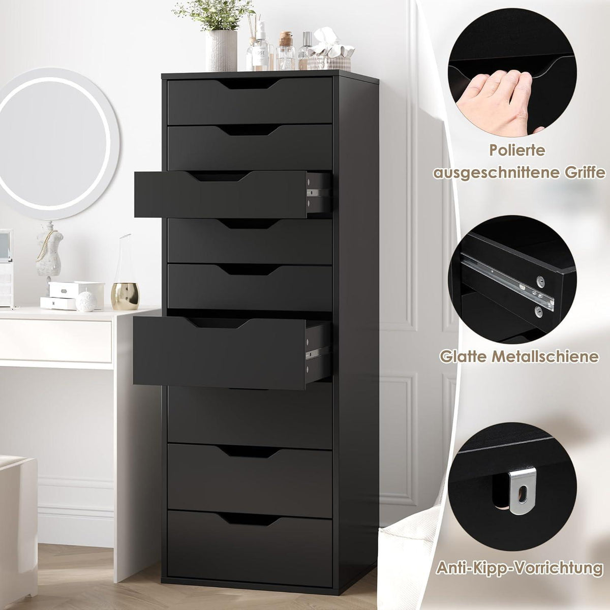 Schmale Kommode mit 9 Schubladen, Schwarz, 45x40x124 cm