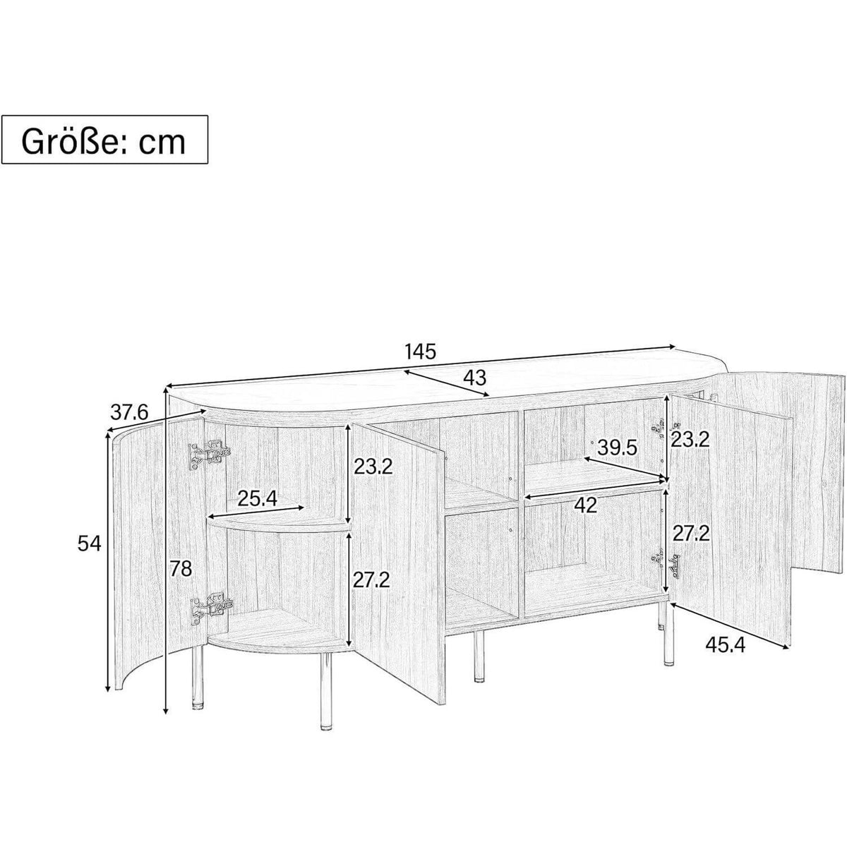 Moderner Kommode 145cm mit Bogen & verstellbaren Regalböden Schwarz