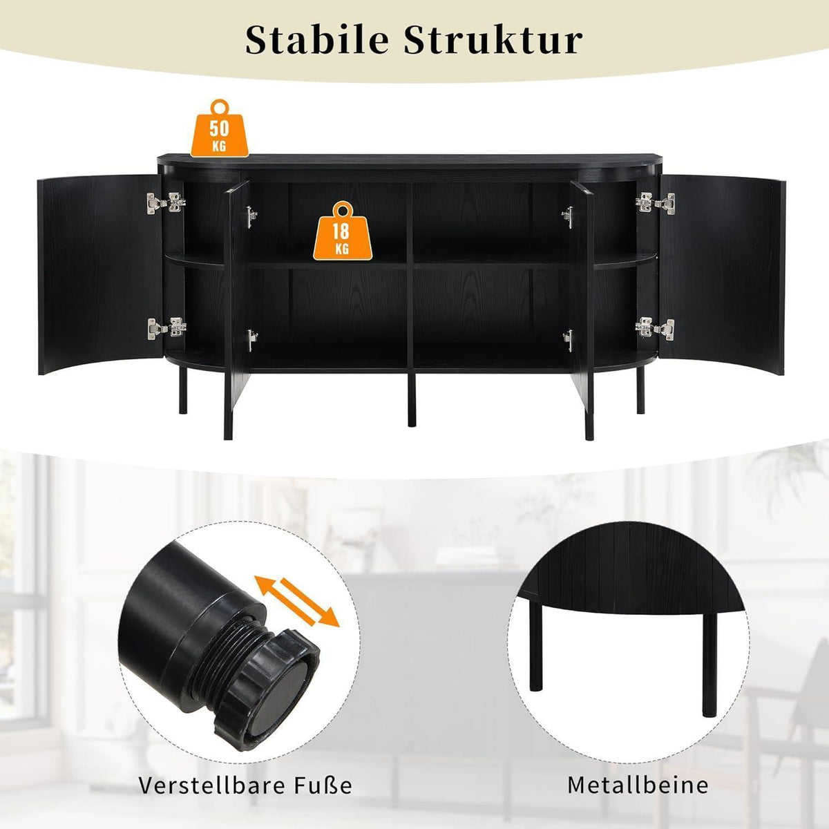 Moderner Kommode 145cm mit Bogen & verstellbaren Regalböden Schwarz