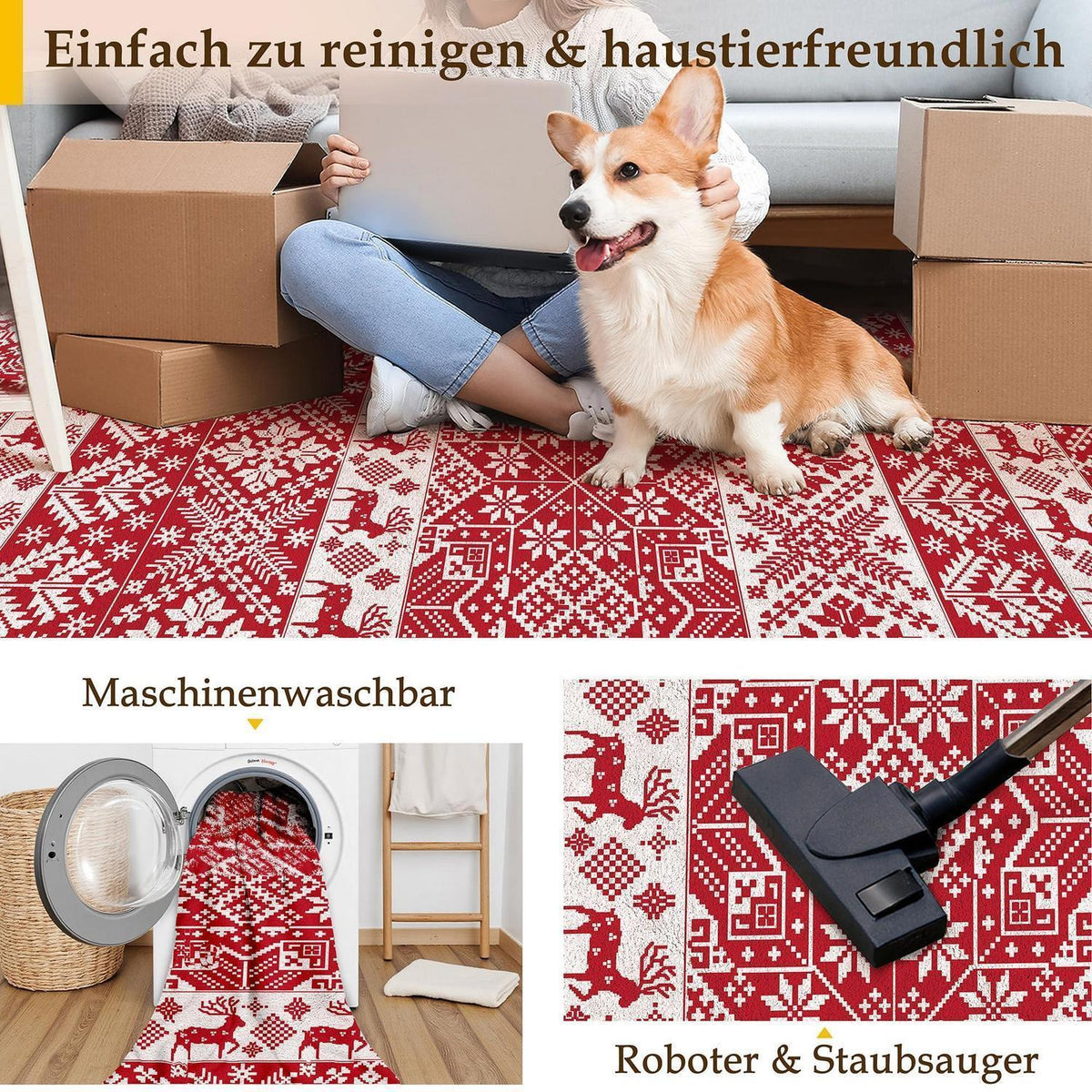 Weihnachts Teppich 240x300 cm – Roter Kurzflor Wohnzimmerteppich