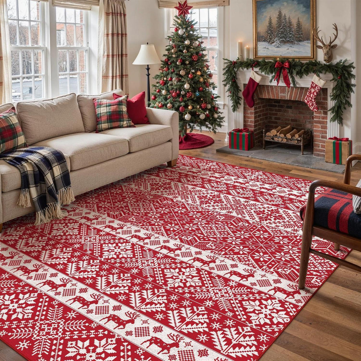 Weihnachts Teppich 240x300 cm – Roter Kurzflor Wohnzimmerteppich