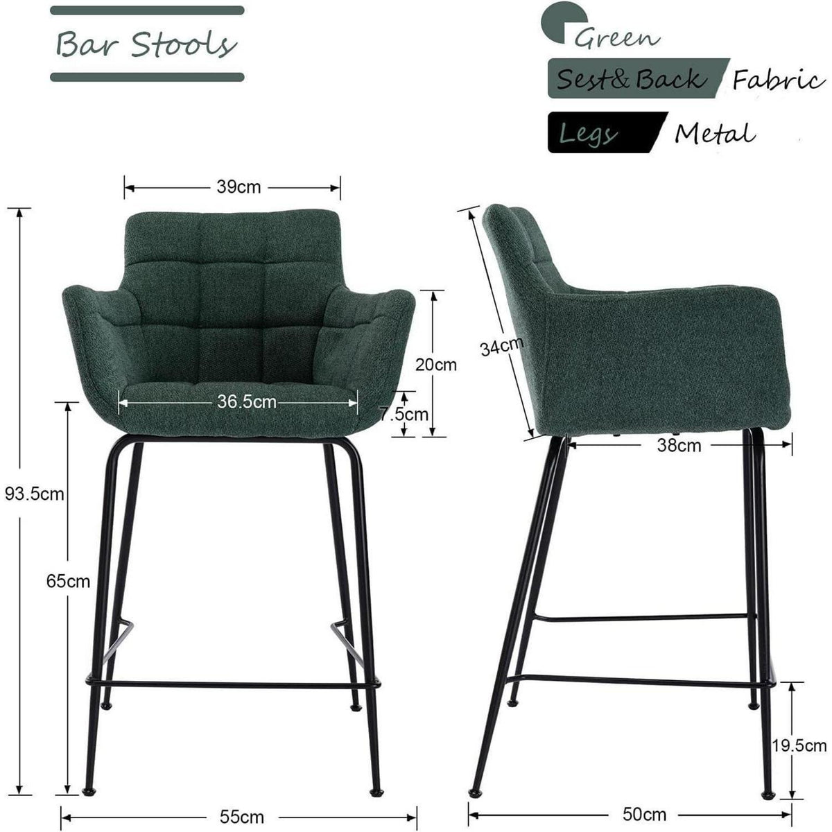 Moderner Barhocker 4er Set mit Frottee & Metallfüßen – Grün