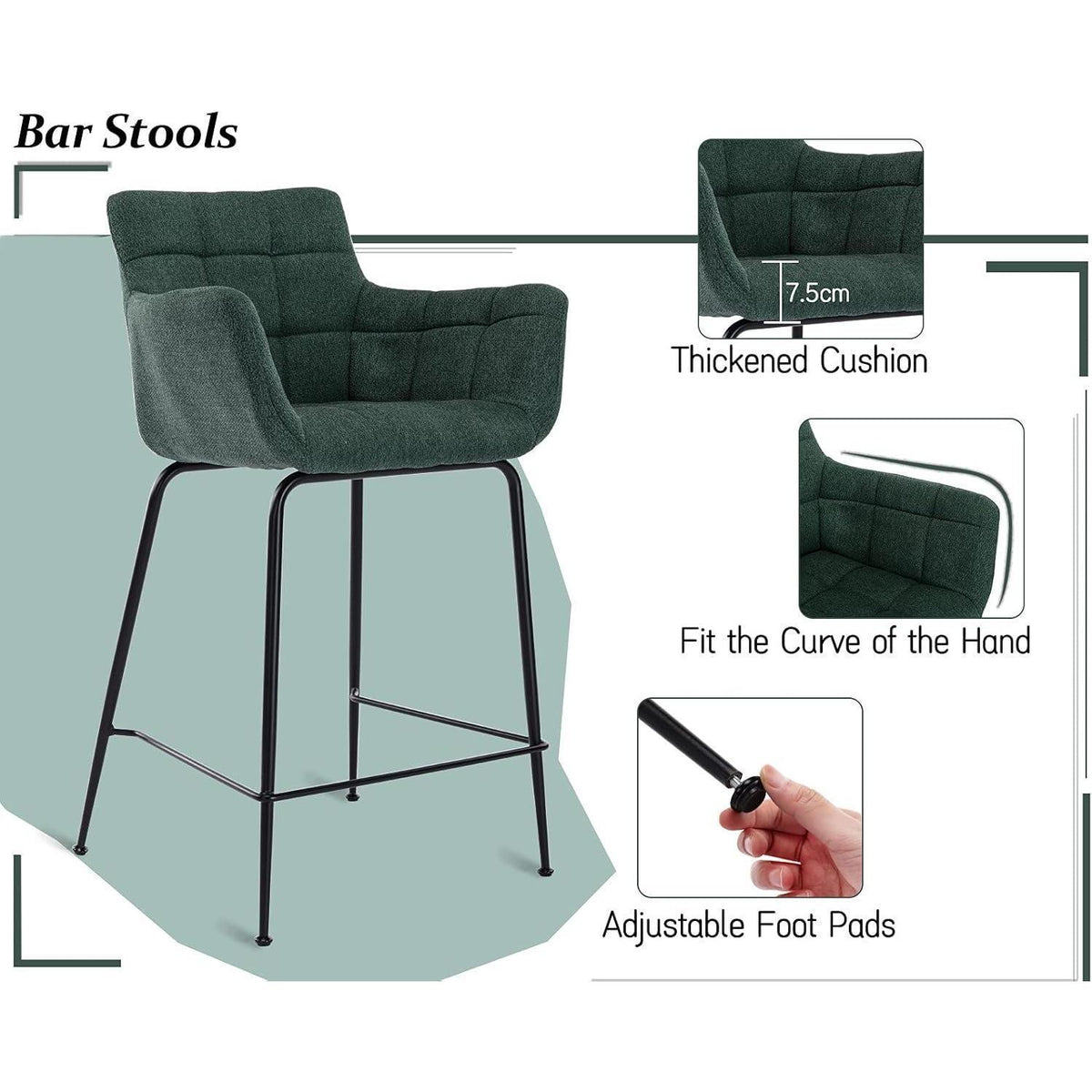 Moderner Barhocker 4er Set mit Frottee & Metallfüßen – Grün