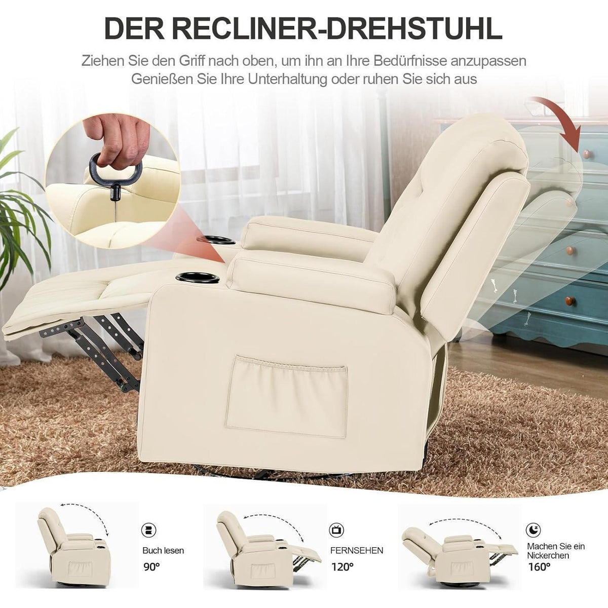 Relaxsessel mit Liegefunktion & Fußstütze – 360° Drehbar, Weiß