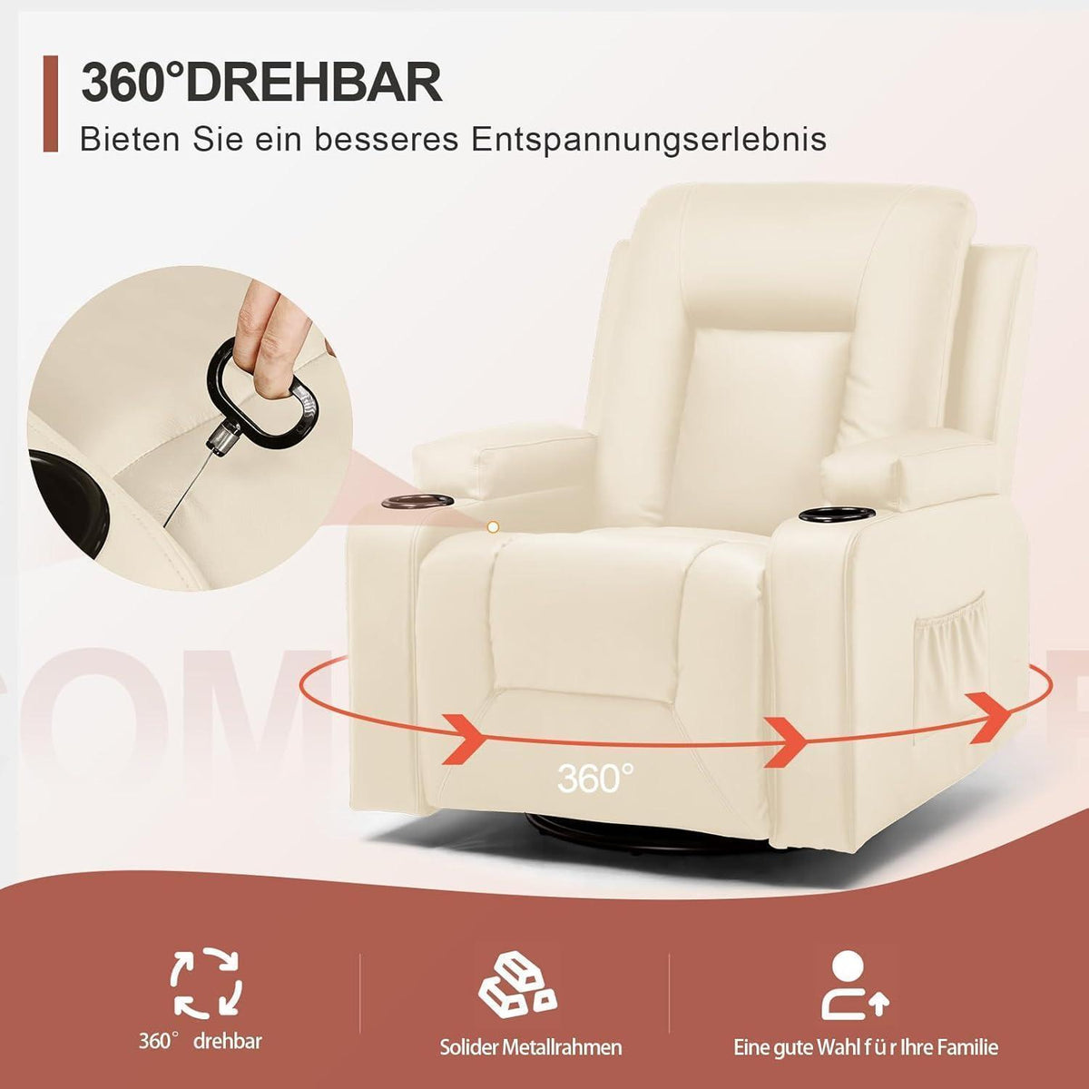 Relaxsessel mit Liegefunktion & Fußstütze – 360° Drehbar, Weiß