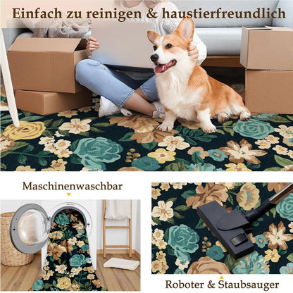 Schwarz-Weißer Teppich Wohnzimmer 200x300cm – Waschbarer Florteppich