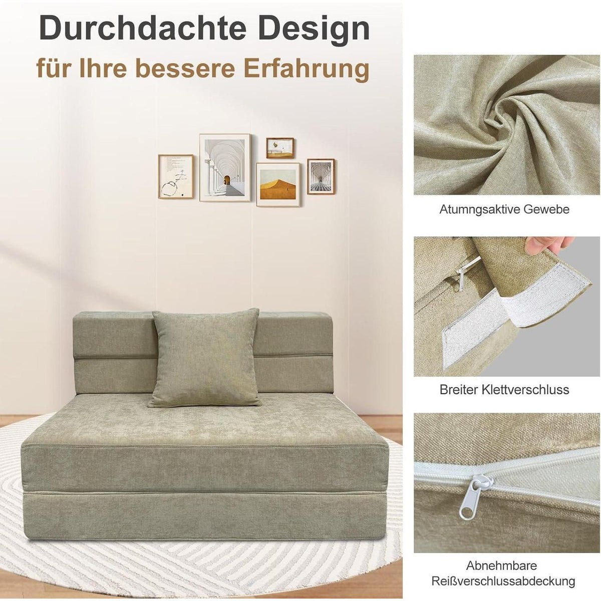 Klappsofa mit Schlaffunktion – Beiges Gästebett 100x190 cm