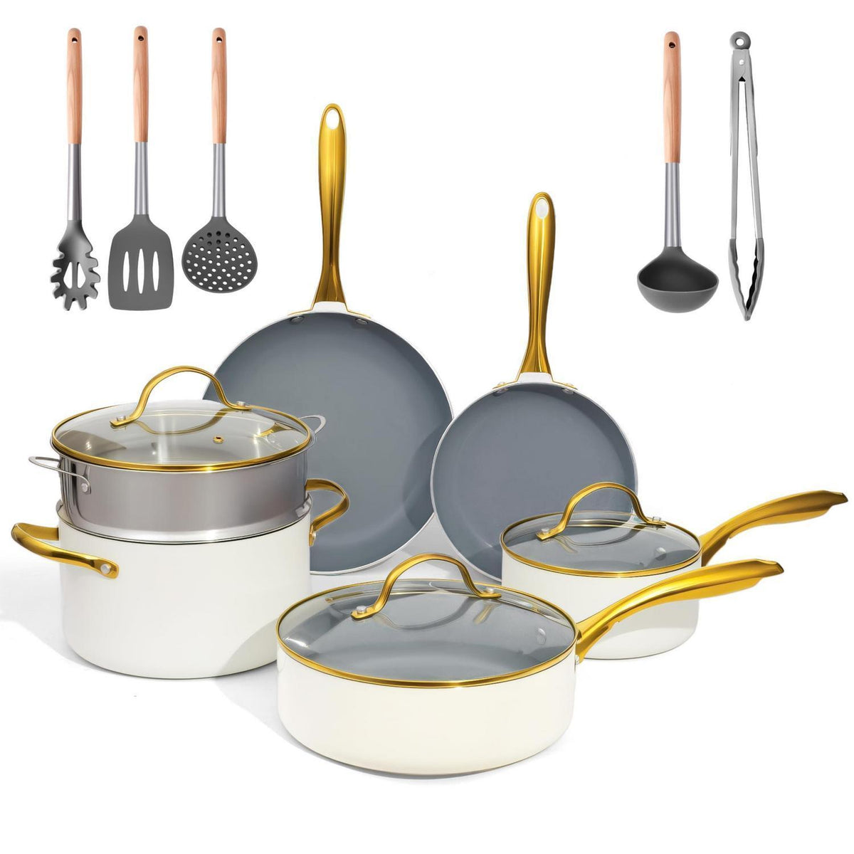 Keramik Kochset 14-teilig – Antihaft, Induktionsgeeignet, Beige/Weiß Gold