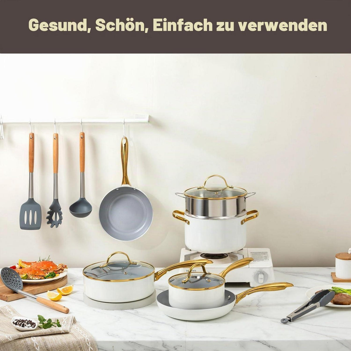 Keramik Kochset 14-teilig – Antihaft, Induktionsgeeignet, Beige/Weiß Gold