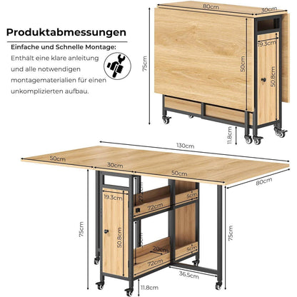 Klappbarer Esstisch Holz Metall mit Stauraum & Rollen 130cm
