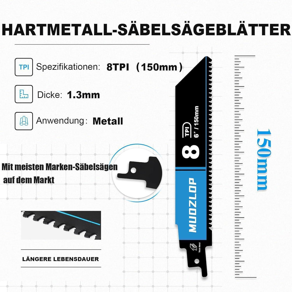 Hartmetall Säbelsägeblätter 150mm 8TPI für Metall (10 Stück)
